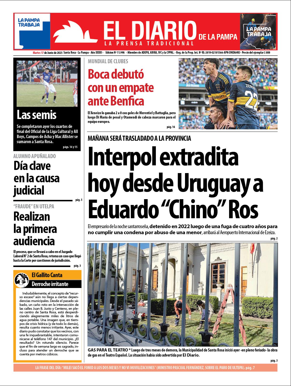 Tapa de El Diario en papel  martes 17 de junio de 2025